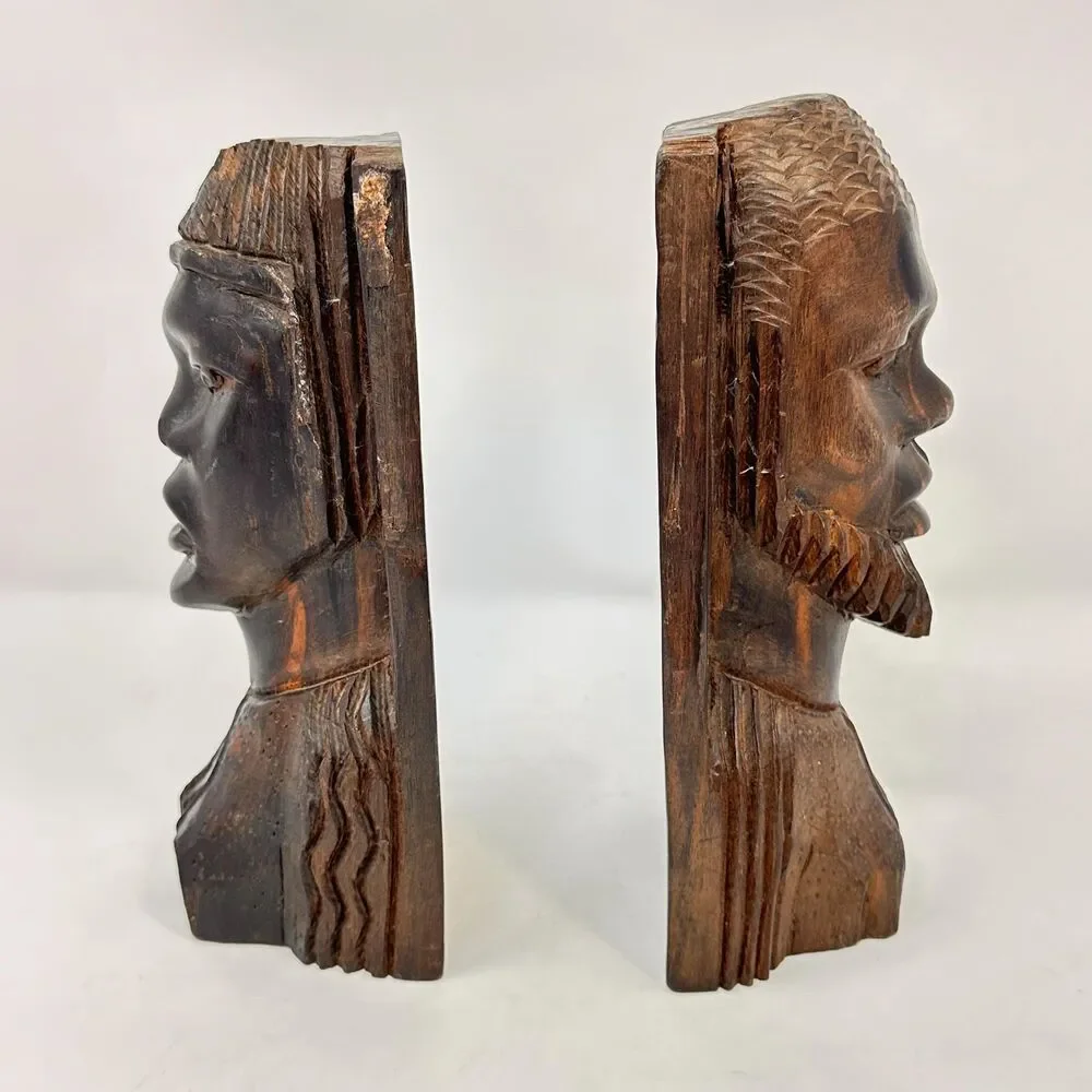 Vintage African Ironwood Bookends Hand Carved Wood Tribal Head Bust Male Female